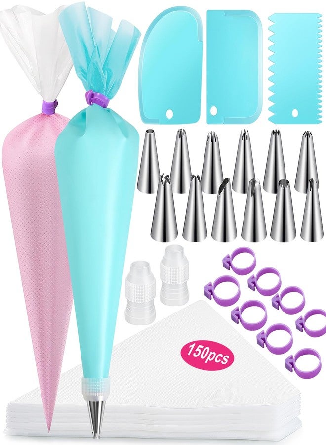 AMOHEE 176PCS Piping Bags and Tips Set, Includes 150pcs 12 Inch Anti Burst Piping Bags, 1 Reusable Pastry Bags, 12 Piping Tips, 8 Icing Bags Ties, 3 Cake Scrapers and 2 Couplers - Image 1