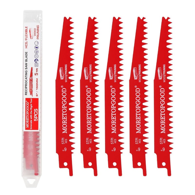 MORETOPGOOD Wood Pruning Reciprocating Saw Blades,6 Inch Saw Blades for Trees Wood Cutting, Wood Saw Blades (5 Pack/5TPI) - Image 1