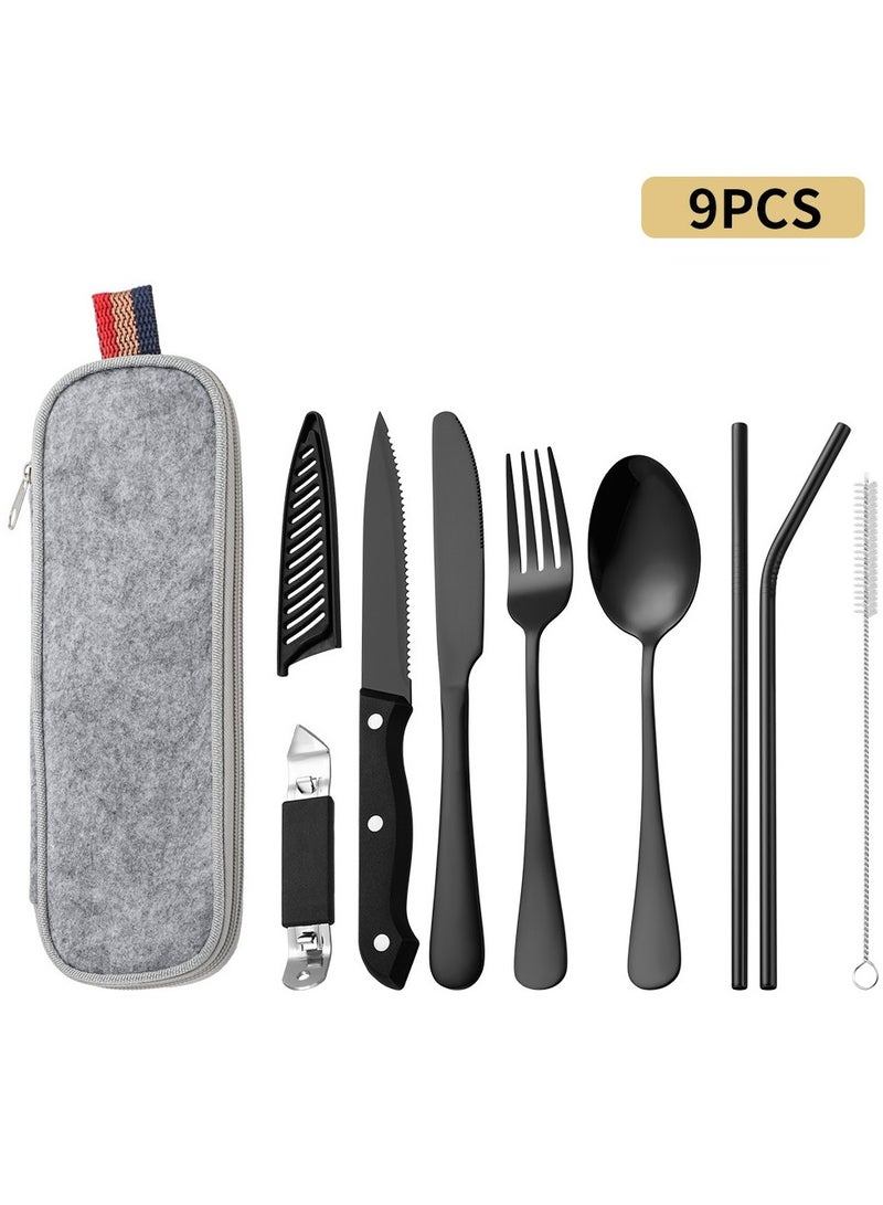 KUYING Outdoor Portable Tableware Set Camping Picnic Stainless Steel knife Fork Spoon 9-Piece Set  - Image 1