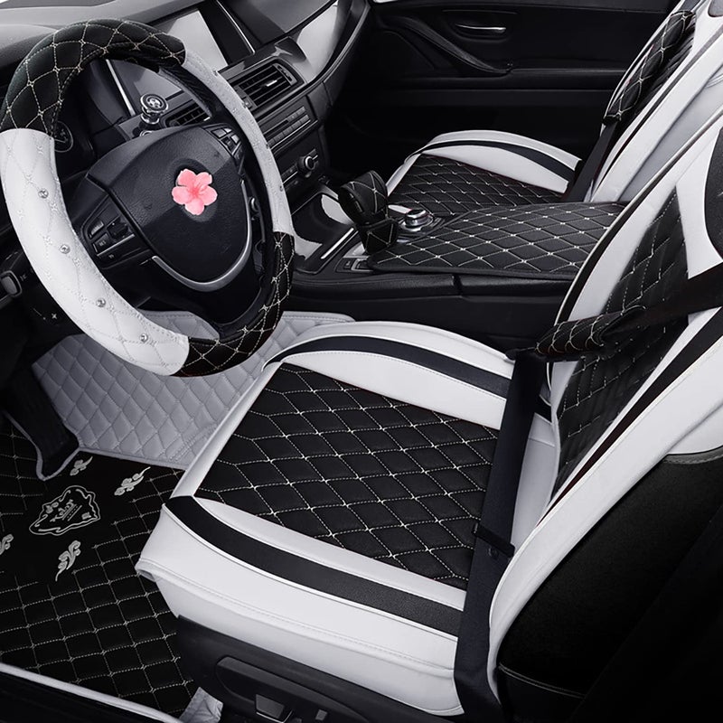 SanQing Car Seat Covers Full Set, Super Luxurious Heavy Duty Waterproof Leather Automotive Vehicle Cover for Cars SUV Pick-up Truck, Universal Non-Slip black white Seat Car Accessories (Full Set/White) - Image 2