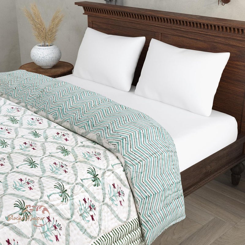 BLOCKS OF JAIPUR BLOCKS OF JAIPUR Original Pure Cotton Jaipuri Razai Hand Block Palm Tree Print Reversible Comforter Lightweight AC Quilt Summer and Winter Bedding Throw Bed Blanket King Size 108X108 Inches  - Image 3
