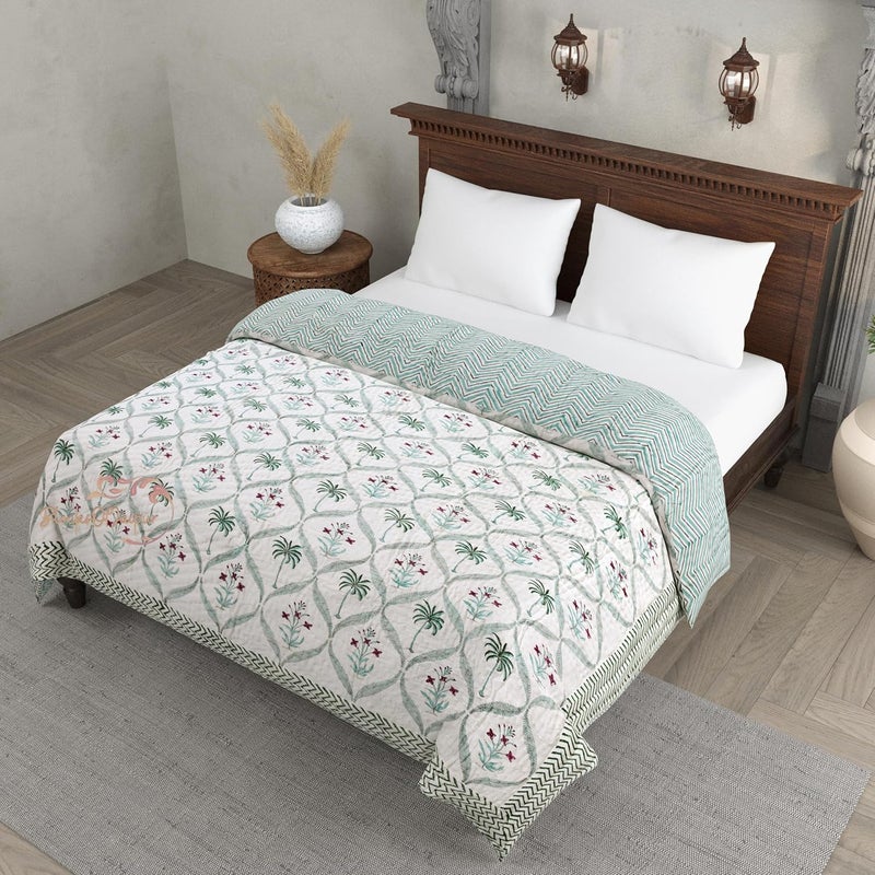 BLOCKS OF JAIPUR BLOCKS OF JAIPUR Original Pure Cotton Jaipuri Razai Hand Block Palm Tree Print Reversible Comforter Lightweight AC Quilt Summer and Winter Bedding Throw Bed Blanket King Size 108X108 Inches  - Image 1