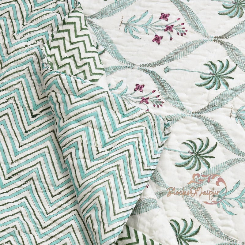 BLOCKS OF JAIPUR BLOCKS OF JAIPUR Original Pure Cotton Jaipuri Razai Hand Block Palm Tree Print Reversible Comforter Lightweight AC Quilt Summer and Winter Bedding Throw Bed Blanket King Size 108X108 Inches  - Image 4