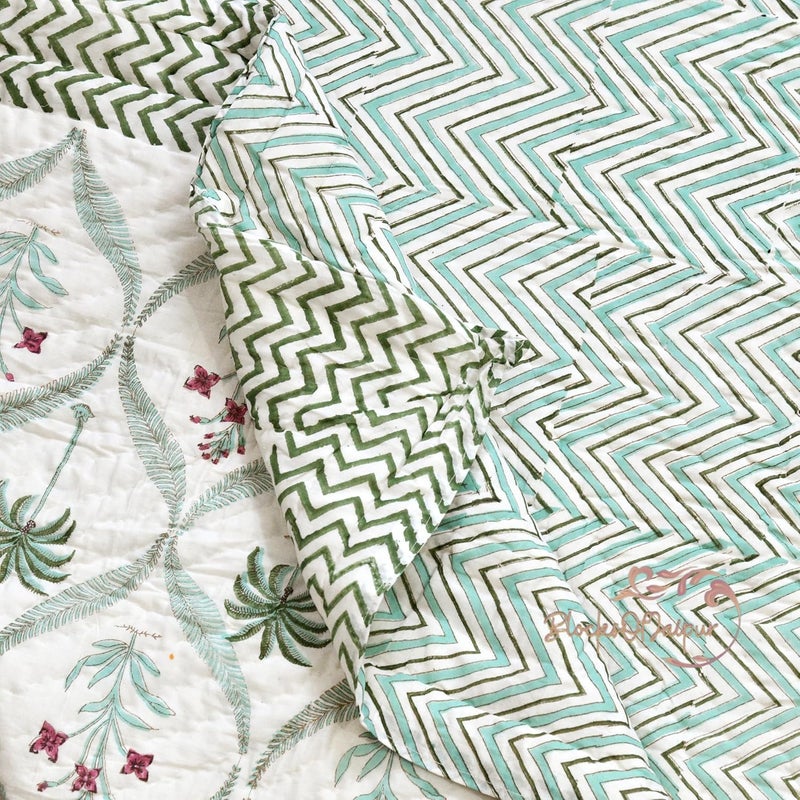 BLOCKS OF JAIPUR BLOCKS OF JAIPUR Original Pure Cotton Jaipuri Razai Hand Block Palm Tree Print Reversible Comforter Lightweight AC Quilt Summer and Winter Bedding Throw Bed Blanket King Size 108X108 Inches  - Image 5