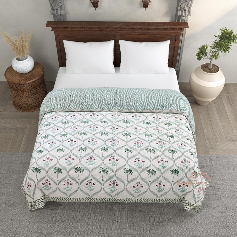 BLOCKS OF JAIPUR BLOCKS OF JAIPUR Original Pure Cotton Jaipuri Razai Hand Block Palm Tree Print Reversible Comforter Lightweight AC Quilt Summer and Winter Bedding Throw Bed Blanket King Size 108X108 Inches  - Image 2