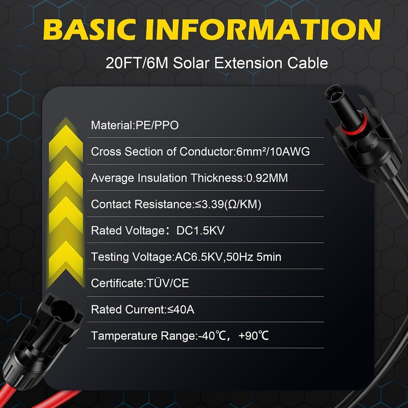 OWINUSTECH 20Ft Solar Cable Solar ExtensionCable,10AWG Solar Panel Extension Cable with Female and Male Connectors,Waterproof Solar ExtensionCable Kit (Red and Black). - Image 3