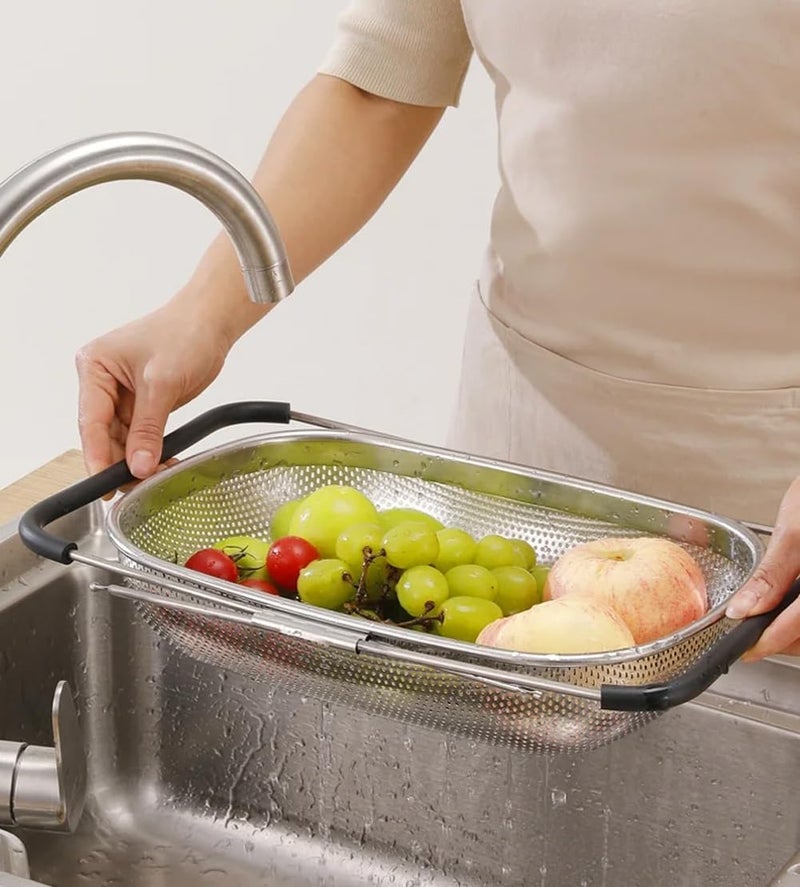 HomeFast Heavy Duty Over The Sink Stainless Steel Oval Colander with Fine Mesh Strainer Basket Expandable Rubber Grip Handles for Home Kitchen Strain Drain Rinse Fruits Vegetables - Image 2