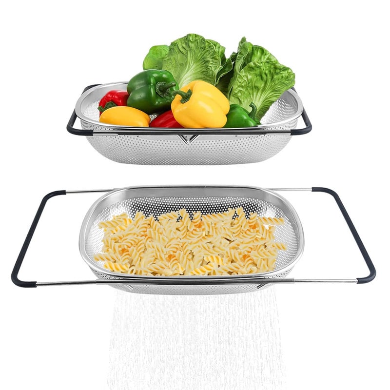 HomeFast Heavy Duty Over The Sink Stainless Steel Oval Colander with Fine Mesh Strainer Basket Expandable Rubber Grip Handles for Home Kitchen Strain Drain Rinse Fruits Vegetables - Image 3