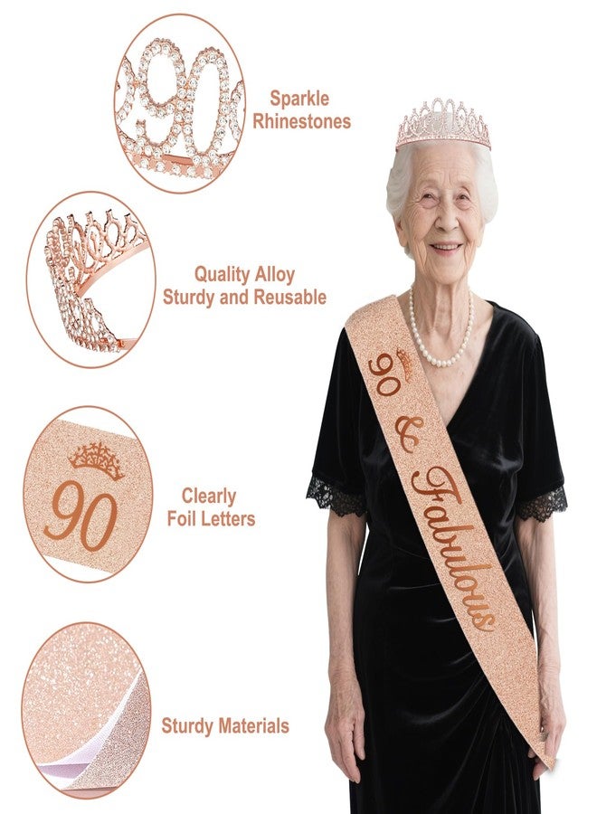 Juesly 90th Birthday Decorations for Women, Rose Gold 90th Birthday Decorations, 90 Sash and Crown, Banner, Fringe Curtains, Hanging Paper Fans, 90 Year Old Party Supplies Set - Image 4