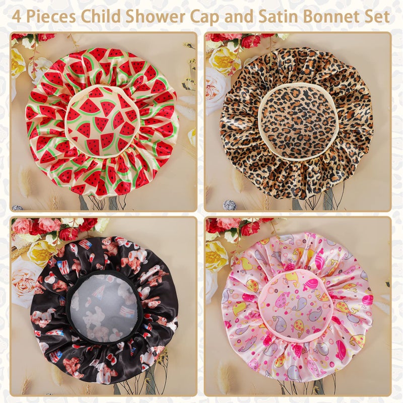 COCPOK 4 PCS Kids Satin Bonnet Child Sleeping Cap,Soft Silk Bonnet Elastic Wide Band,Breathable Baby Bonnets Night Sleep Caps,Colorful Night Hats Satin Cap for Girls Toddler Teens Natural Hair (Cute Pattern) - Image 4