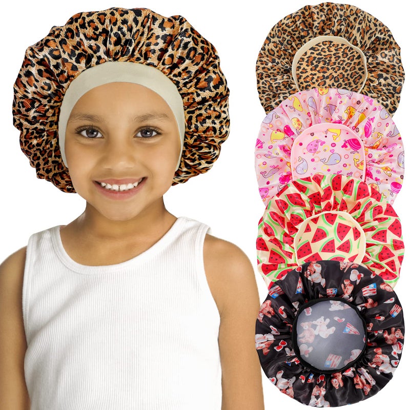 COCPOK 4 PCS Kids Satin Bonnet Child Sleeping Cap,Soft Silk Bonnet Elastic Wide Band,Breathable Baby Bonnets Night Sleep Caps,Colorful Night Hats Satin Cap for Girls Toddler Teens Natural Hair (Cute Pattern) - Image 1