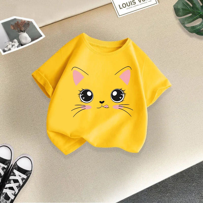 2026 New Girls' Short-Sleeved Children'S T-Shirt With Cute Cat Print, Korean Style Top For Young Children, Summer Fashion Trend - Image 1