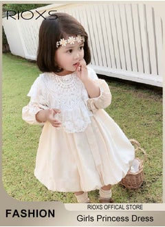 RIOXS Girls Cotton A-line Dress with Removable Lace Shawl, Exquisite Round Neck Dress with Buttons Closure on the Back, Cute Princess Dress, Perfect for Both Daily Wear and Party Events  - Image 2