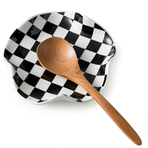Miamolo Spoon Rest for Stove Top, 5.3in Checkered Spoon Holder Utensil Rest, Ceramic Spoon Rests for Coffee Bar, Kitchen Gadget Cooking Gift for Housewarming - Image 1