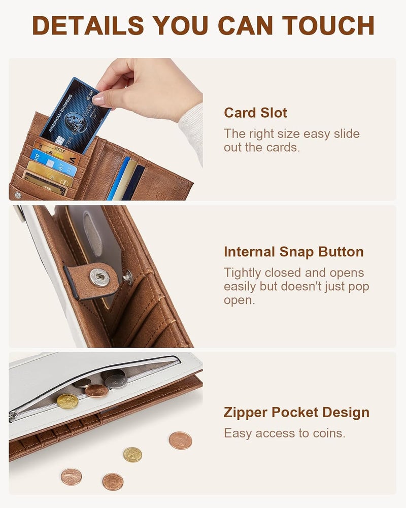 BOSTANTEN Slim Wallet Women RFID Card Holder with Zipper Coin Pocket, S - Beige and Brown, Large, Slim, Bifold, Internal Snap Button Design - Image 2