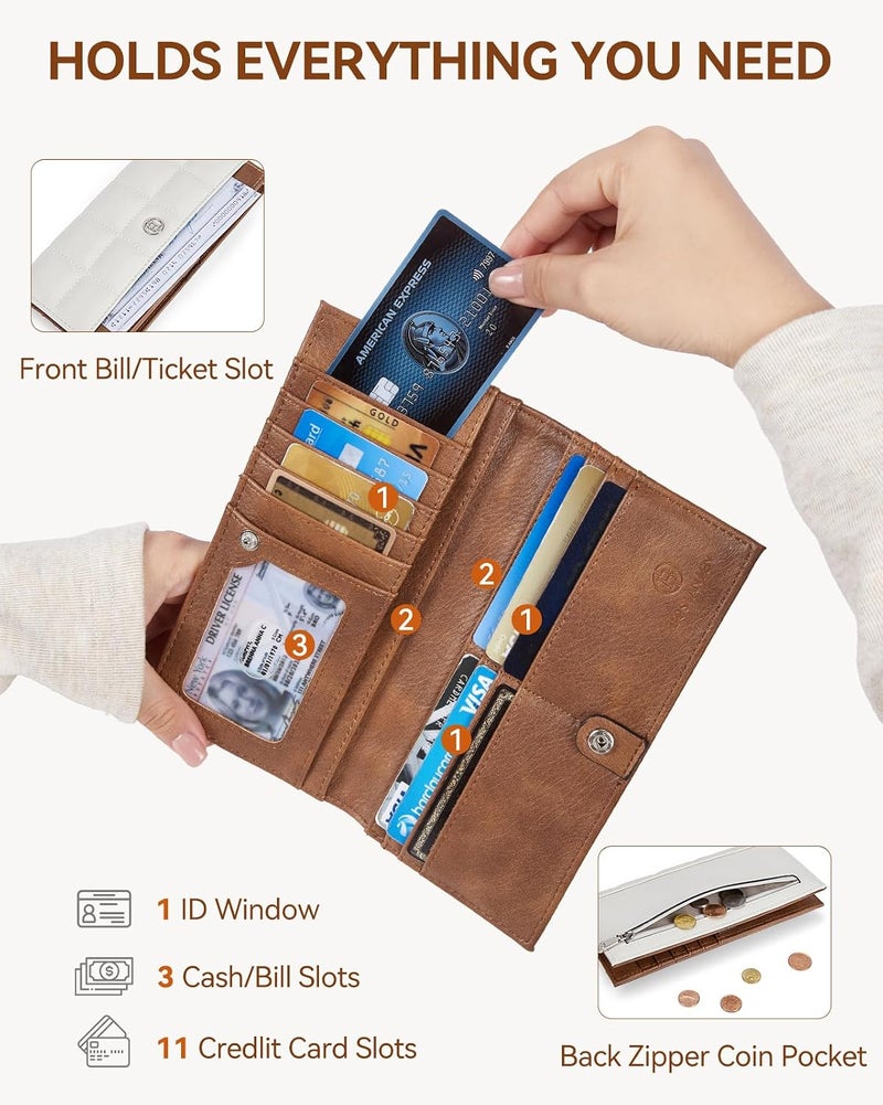BOSTANTEN Slim Wallet Women RFID Card Holder with Zipper Coin Pocket, S - Beige and Brown, Large, Slim, Bifold, Internal Snap Button Design - Image 3