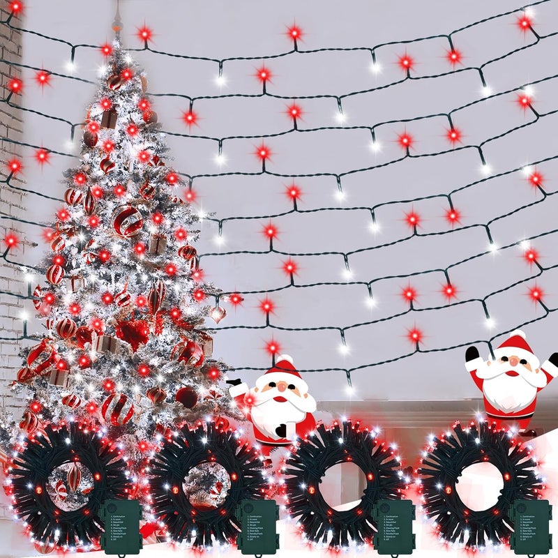 DealBeta 4 Pack Red White Christmas Lights Battery Operated 16.4Ft 50 LED Wreath String Lights Auto Timer Candy Cane Battery String Lights 8 Modes Green Wire Xmas Decor for Christmas Tree Garland - Image 1