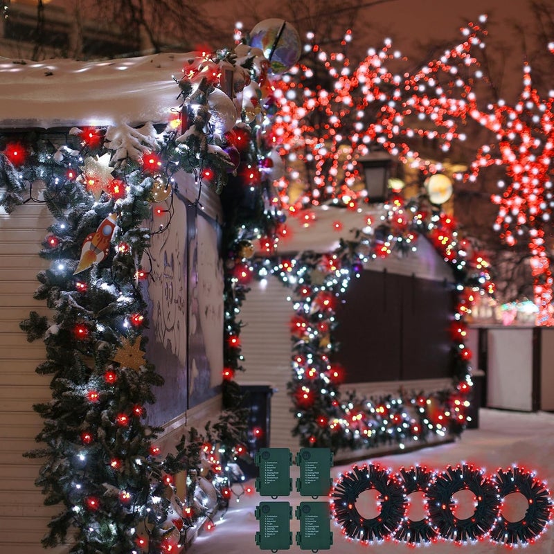 DealBeta 4 Pack Red White Christmas Lights Battery Operated 16.4Ft 50 LED Wreath String Lights Auto Timer Candy Cane Battery String Lights 8 Modes Green Wire Xmas Decor for Christmas Tree Garland - Image 4
