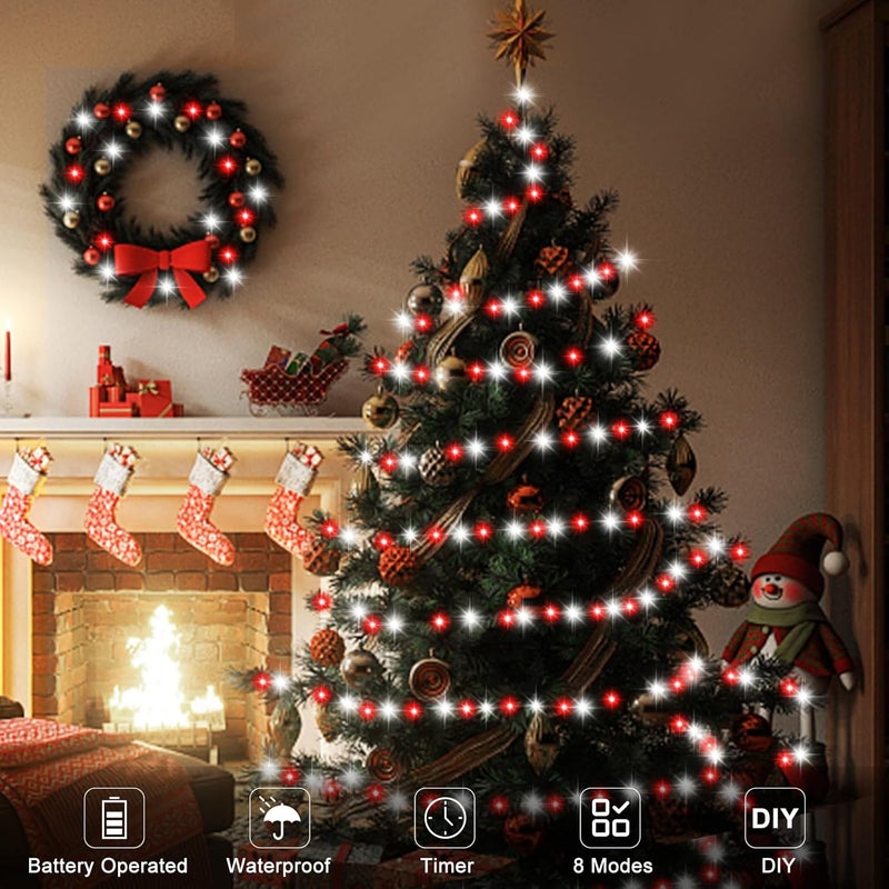 DealBeta 4 Pack Red White Christmas Lights Battery Operated 16.4Ft 50 LED Wreath String Lights Auto Timer Candy Cane Battery String Lights 8 Modes Green Wire Xmas Decor for Christmas Tree Garland - Image 2