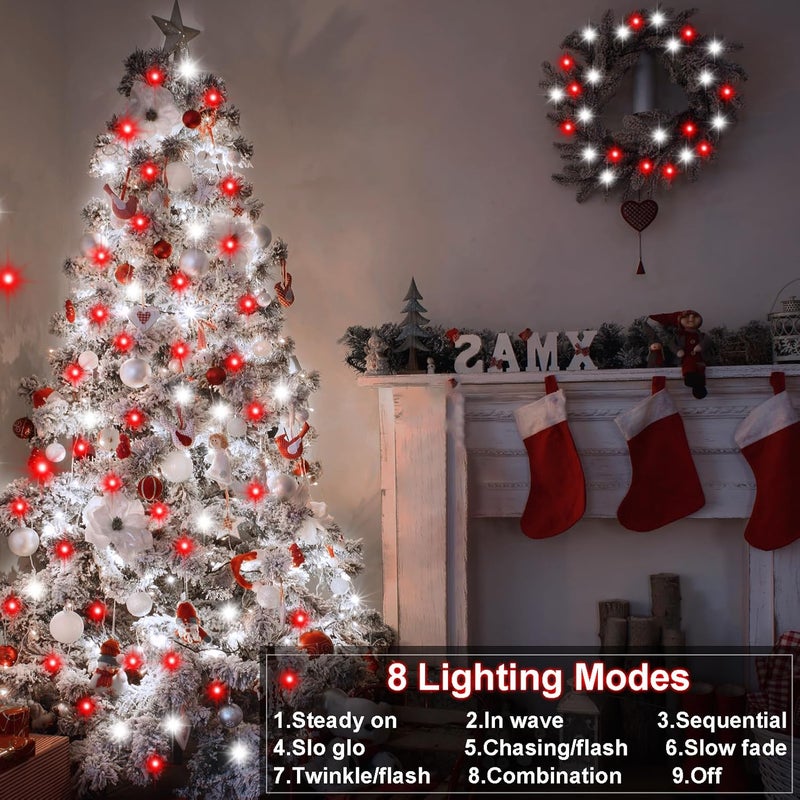 DealBeta 4 Pack Red White Christmas Lights Battery Operated 16.4Ft 50 LED Wreath String Lights Auto Timer Candy Cane Battery String Lights 8 Modes Green Wire Xmas Decor for Christmas Tree Garland - Image 5