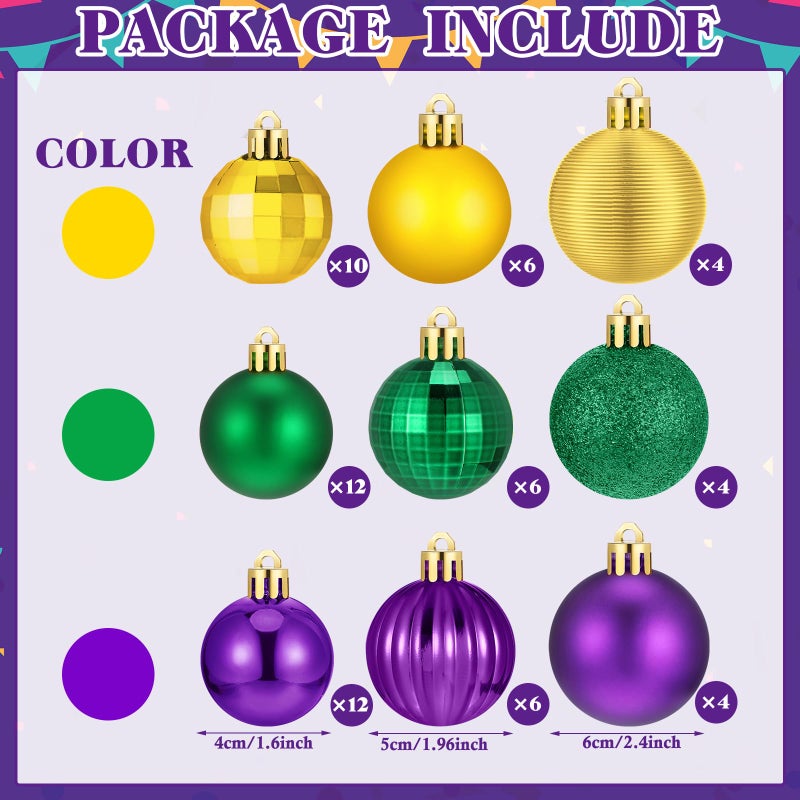 Lunmon 64 Pcs Mardi Gras Christmas Ornaments Glitter Purple Yellow Green Ball Ornament 1.6/1.97/2.4 Inch Assorted Size Plastic Carnival Ornament Mardi Gras Decoration For Tree Home Indoor Party - Image 3