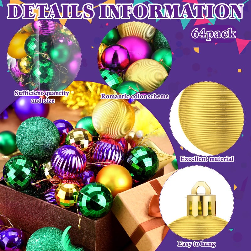 Lunmon 64 Pcs Mardi Gras Christmas Ornaments Glitter Purple Yellow Green Ball Ornament 1.6/1.97/2.4 Inch Assorted Size Plastic Carnival Ornament Mardi Gras Decoration For Tree Home Indoor Party - Image 4