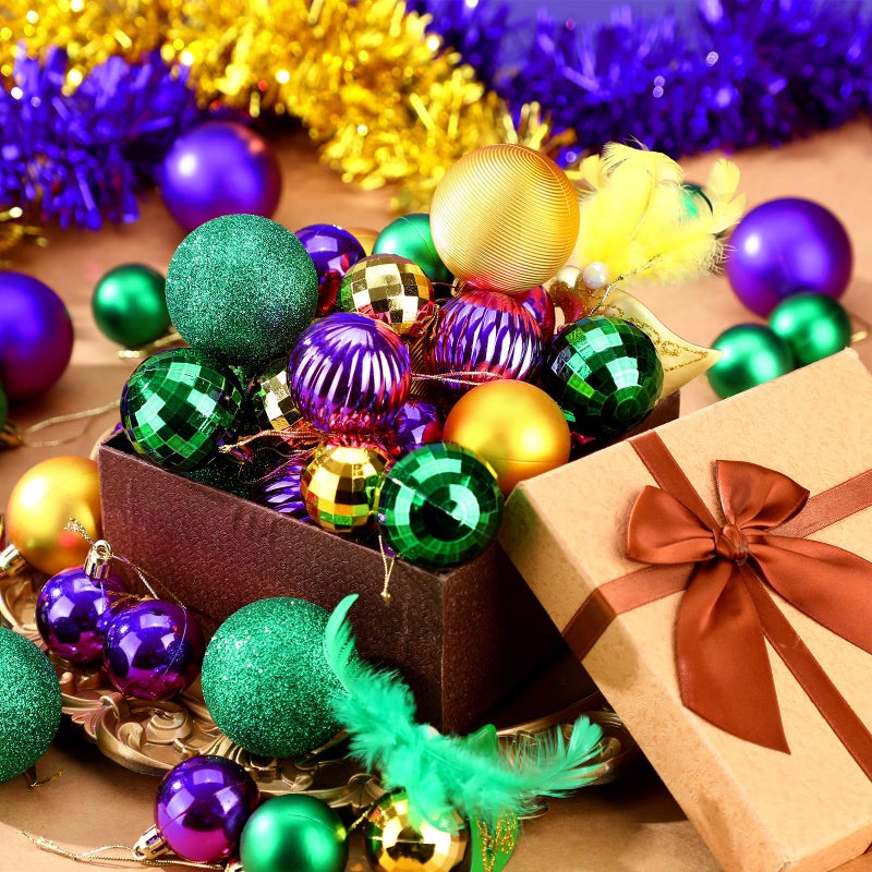 Lunmon 64 Pcs Mardi Gras Christmas Ornaments Glitter Purple Yellow Green Ball Ornament 1.6/1.97/2.4 Inch Assorted Size Plastic Carnival Ornament Mardi Gras Decoration For Tree Home Indoor Party - Image 2