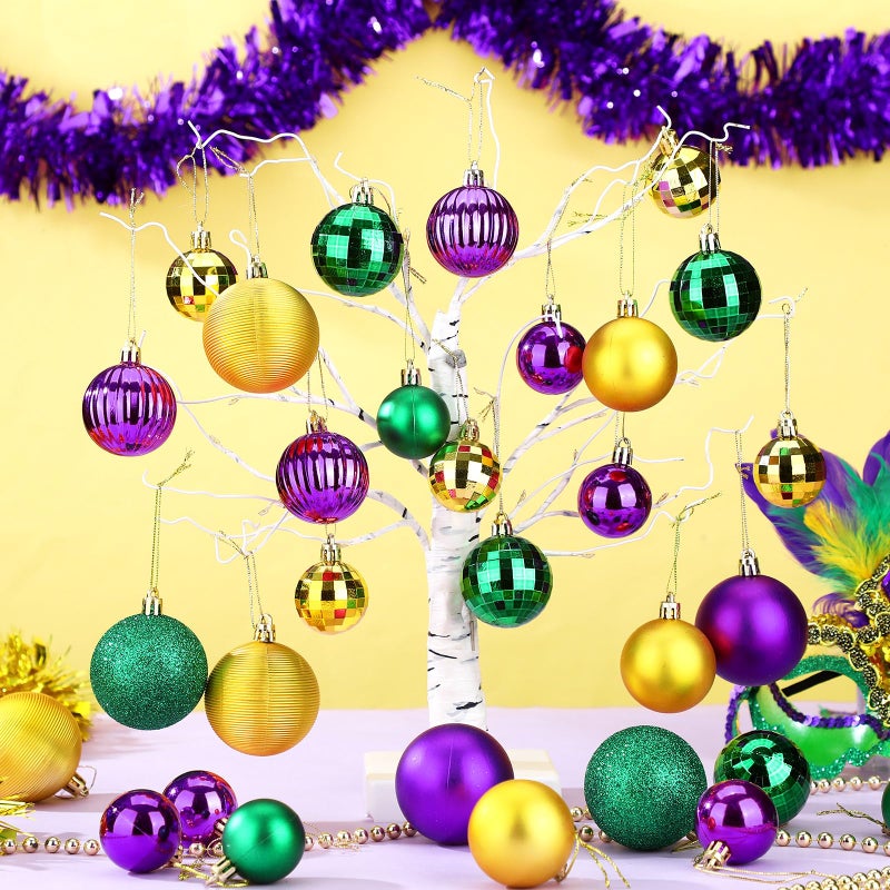 Lunmon 64 Pcs Mardi Gras Christmas Ornaments Glitter Purple Yellow Green Ball Ornament 1.6/1.97/2.4 Inch Assorted Size Plastic Carnival Ornament Mardi Gras Decoration For Tree Home Indoor Party - Image 5