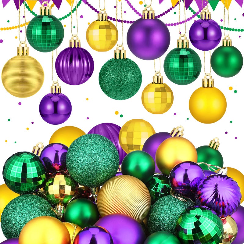Lunmon 64 Pcs Mardi Gras Christmas Ornaments Glitter Purple Yellow Green Ball Ornament 1.6/1.97/2.4 Inch Assorted Size Plastic Carnival Ornament Mardi Gras Decoration For Tree Home Indoor Party - Image 1