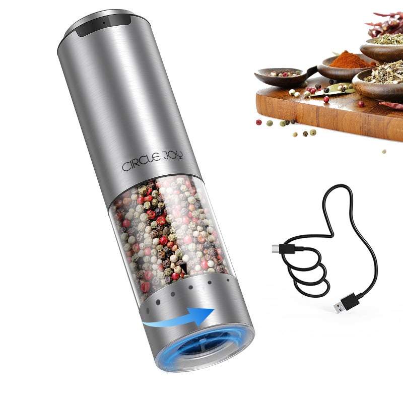 CIRCLE JOY Electric Pepper Grinder Stainless Steel Rechargeable Pepper Mill with External Adjustable Coarseness 95ml Container and White LED Light Silver