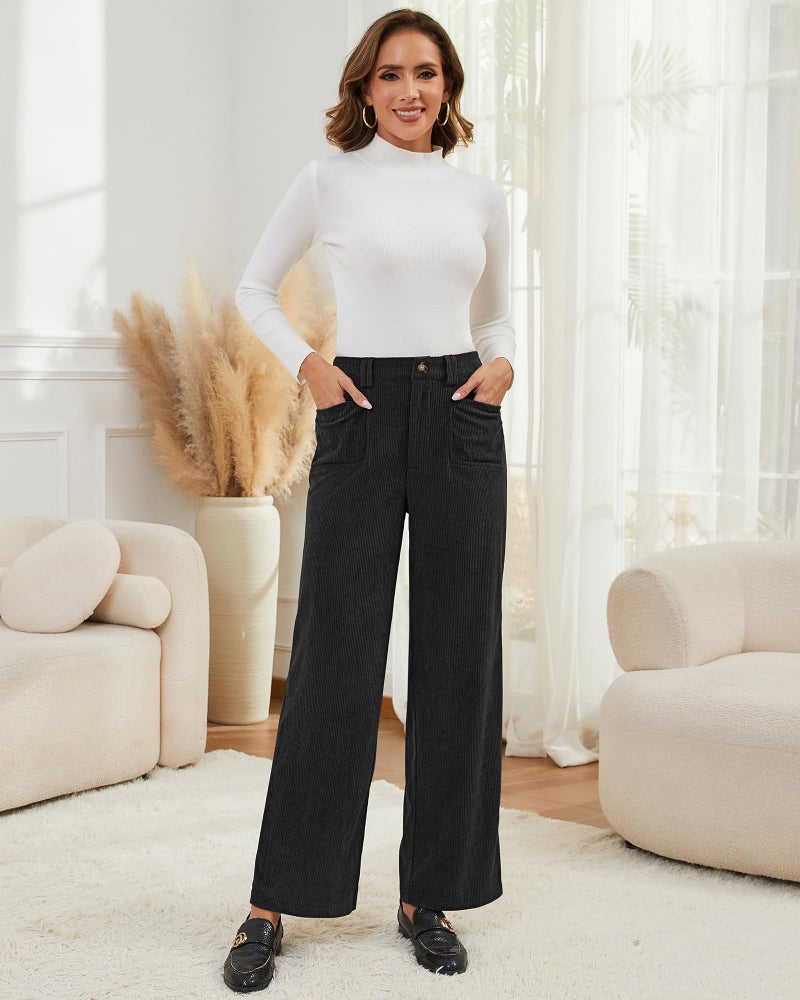 Eddoyee Stretch Corduroy Pants Women Wide Leg Straight High Waisted Fall Casual Pants 2026 Cropped Trousers Trendy Outfits(Black, Medium) - Image 5
