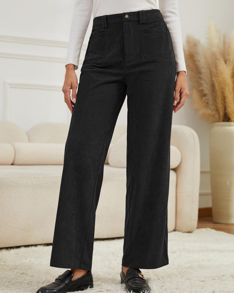 Eddoyee Stretch Corduroy Pants Women Wide Leg Straight High Waisted Fall Casual Pants 2026 Cropped Trousers Trendy Outfits(Black, Medium) - Image 2