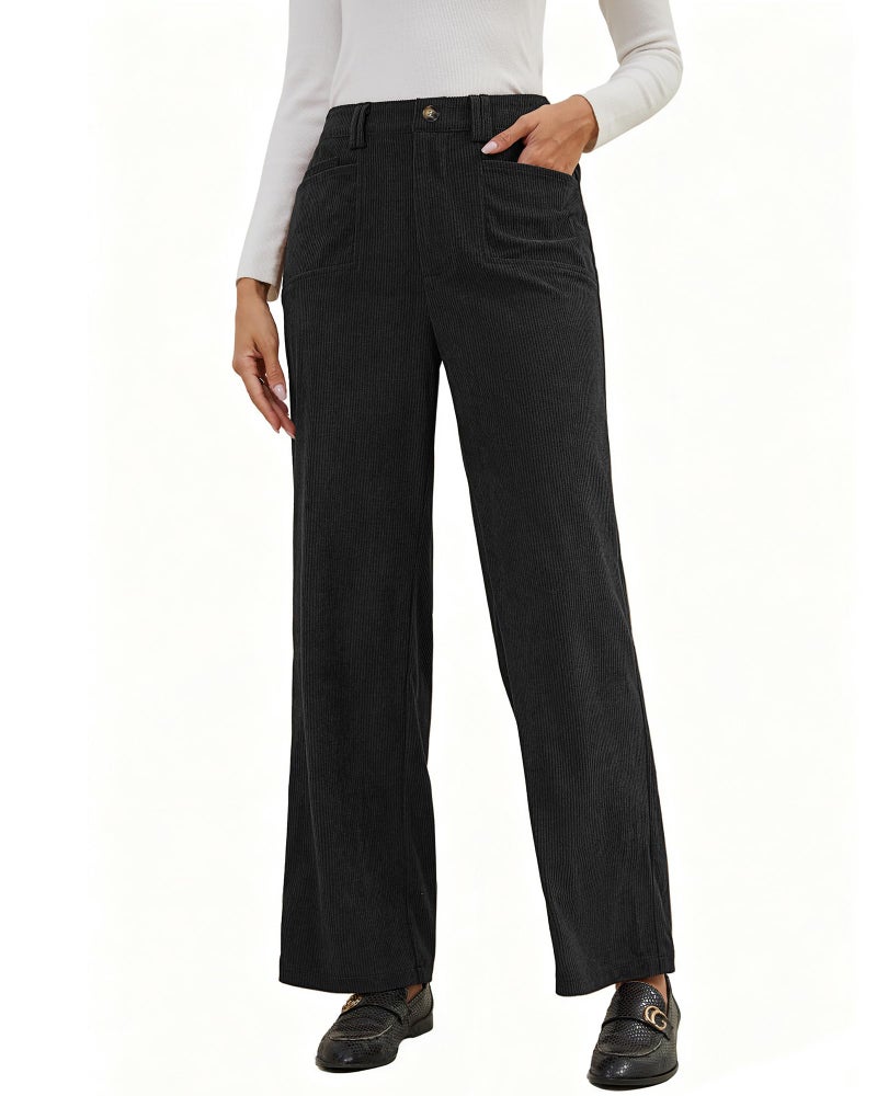 Eddoyee Stretch Corduroy Pants Women Wide Leg Straight High Waisted Fall Casual Pants 2026 Cropped Trousers Trendy Outfits(Black, Medium) - Image 1