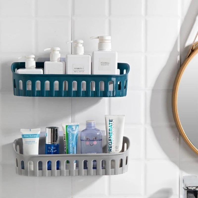 iSTAR Plastic Oval Wall Mounted Shelf with Adhesive Sticker Hook | Multipurpose Shower Rack or Toiletries Storage Organizer for Shampoo, Soap, Hand Wash, Home & Office Bathroom (Multicolour-Set of 2) - Image 1