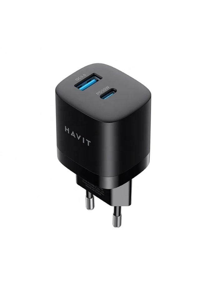 هافيت Havit UC30 Pro شاحن حائط 30 واط GaN – شحن آمن وسريع (USB-C + USB-A) - Image 1