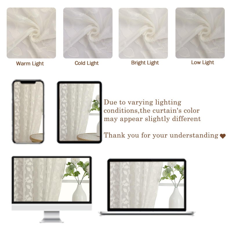 Chyhomenyc Ivory Sheer Curtains 84 Inch Length 2 Panels Set, Light Filtering Tufted Textured Soft Airy Rod Pocket Gentle Leaf Window Treatment Drapes for Bedroom Living Room, 42" Wx84 L, 2PCS - Image 3