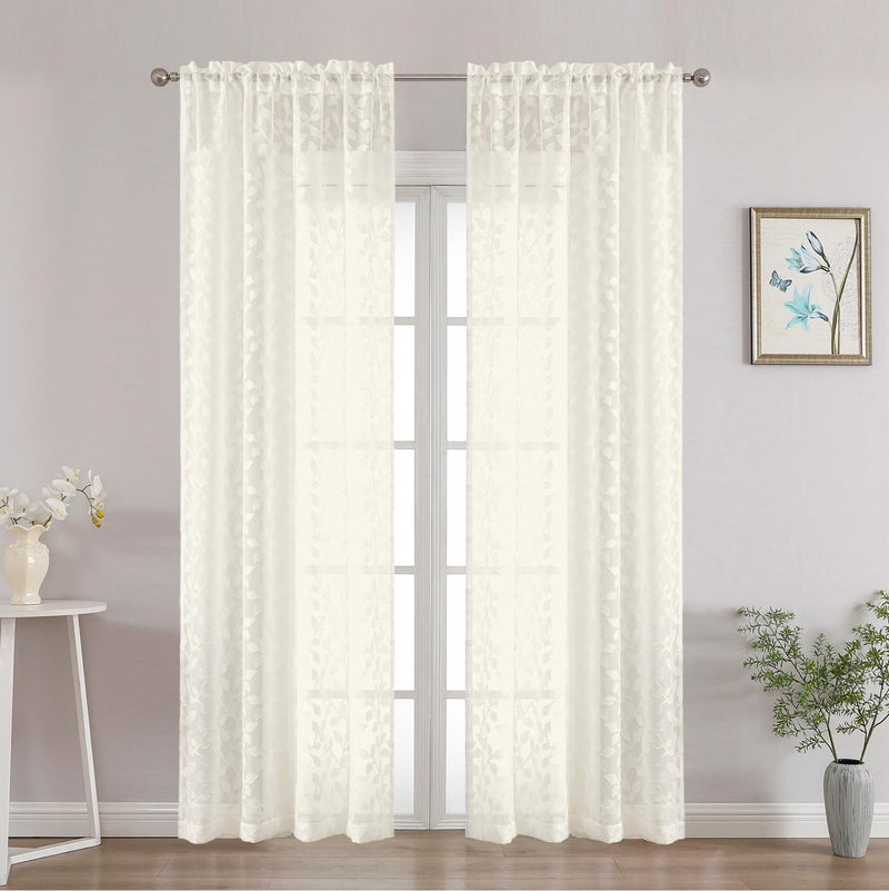 Chyhomenyc Ivory Sheer Curtains 84 Inch Length 2 Panels Set, Light Filtering Tufted Textured Soft Airy Rod Pocket Gentle Leaf Window Treatment Drapes for Bedroom Living Room, 42" Wx84 L, 2PCS - Image 1
