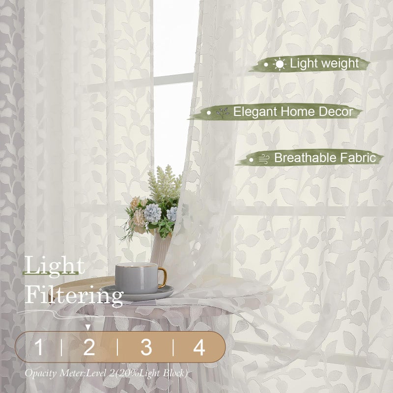 Chyhomenyc Ivory Sheer Curtains 84 Inch Length 2 Panels Set, Light Filtering Tufted Textured Soft Airy Rod Pocket Gentle Leaf Window Treatment Drapes for Bedroom Living Room, 42" Wx84 L, 2PCS - Image 2