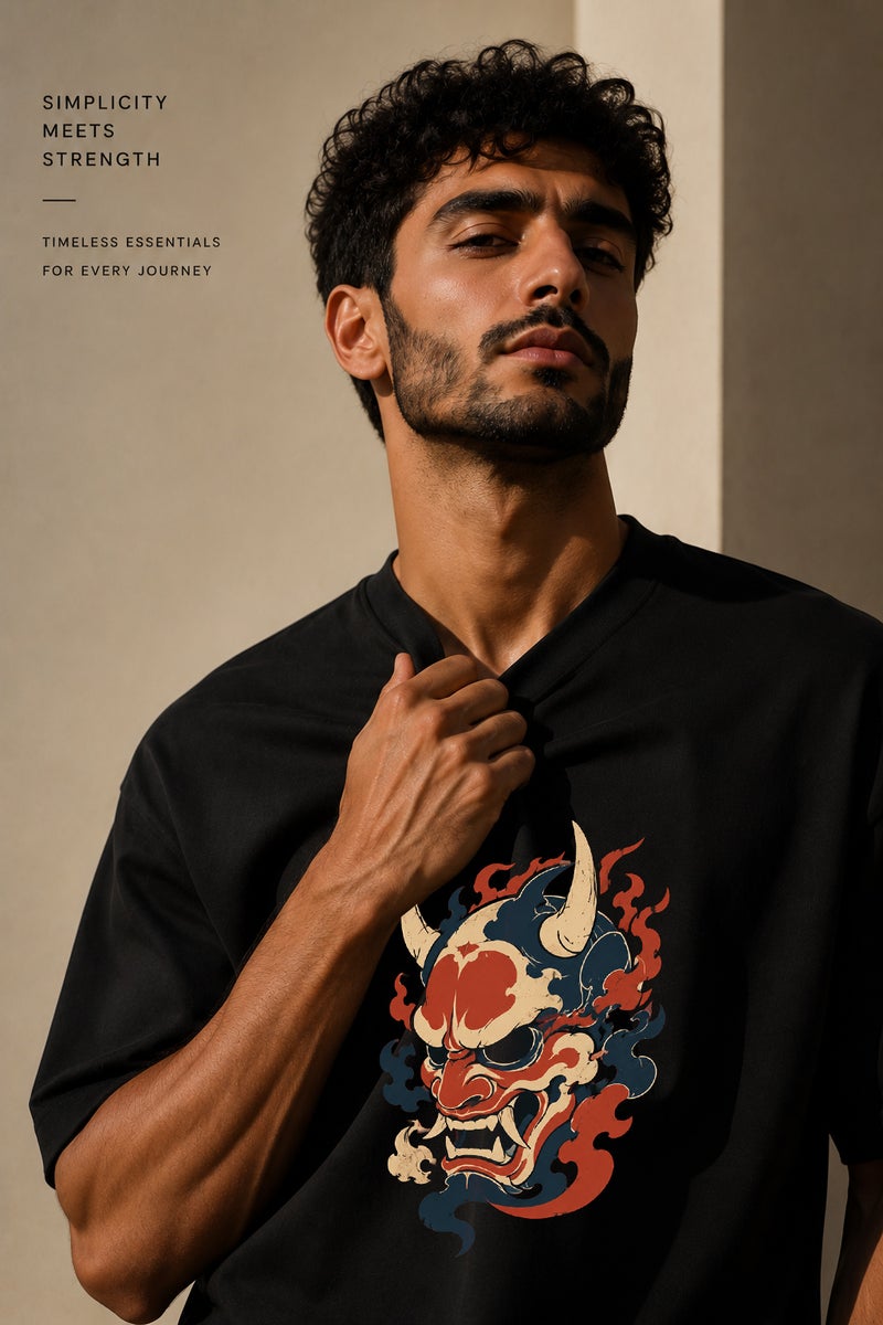 Men's Oversized Black Japanese Oni Graphic T-Shirt Casual Short Sleeve Crew Neck Streetwear Tee - Image 5