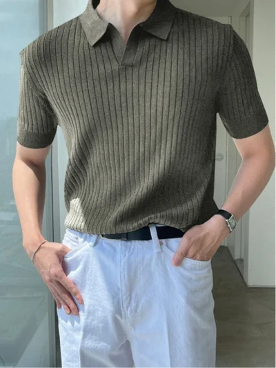 Cool Tarz Cool Style Khaki Men's Ribbed Polo Neck Knit T-Shirt