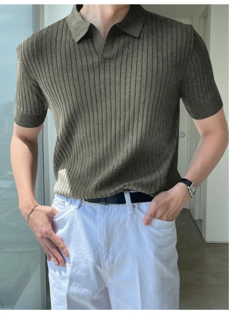 Cool Tarz Cool Style Khaki Men's Ribbed Polo Neck Knit T-Shirt