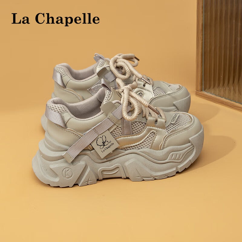 La Chapelle Women's Shoes, Thick-Soled Heightening Dad Shoes, Versatile Mesh Casual Sneakers for Women-A1006 Gray Khaki Color Size 37