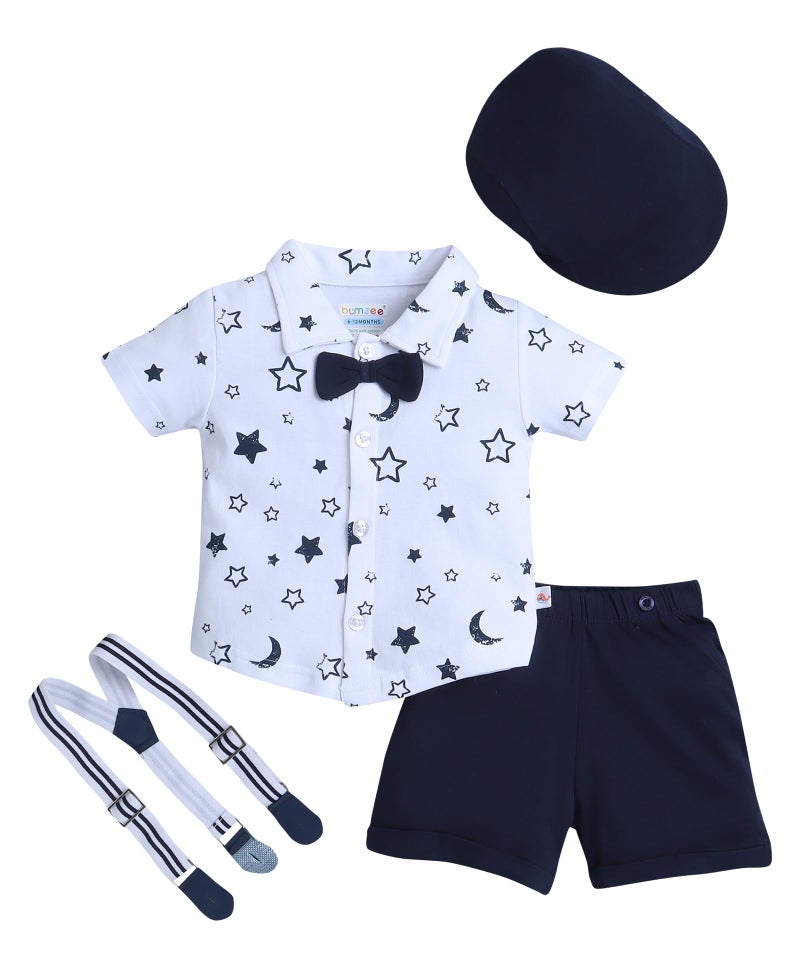 BUMZEE Boys Cotton Half Sleeves Shirt & Short Set With Bow Suspender & Cap White & Navy - 3-6 Months (Peb10533B-wht) - Image 1