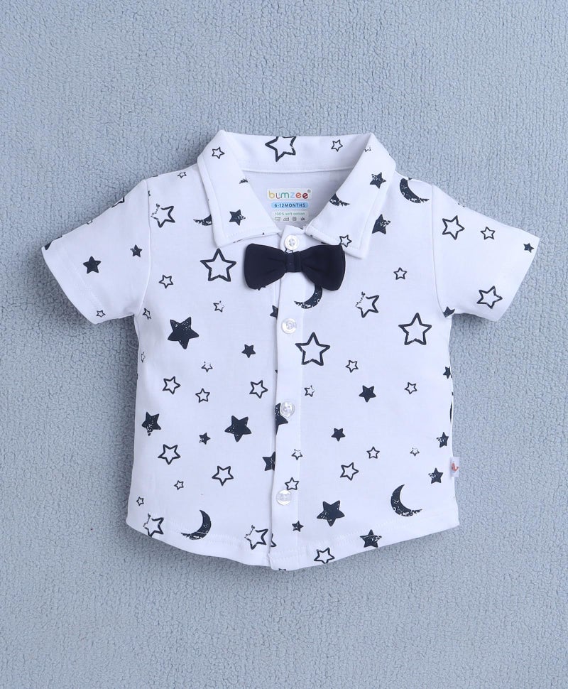 BUMZEE Boys Cotton Half Sleeves Shirt & Short Set With Bow Suspender & Cap White & Navy - 3-6 Months (Peb10533B-wht) - Image 2
