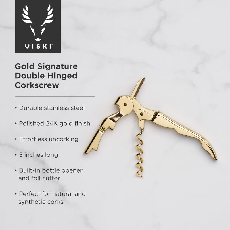 Viski 24k Gold Plated Signature Double Hinged Waiter's Corkscrew Wine Opener, Stainless Steel with Built-in Bottle Opener & Foil Cutter for Home Bar, Kitchen, Travel, Gifts for Wine Lovers, Set of 1 - Image 2