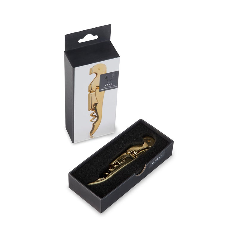 Viski 24k Gold Plated Signature Double Hinged Waiter's Corkscrew Wine Opener, Stainless Steel with Built-in Bottle Opener & Foil Cutter for Home Bar, Kitchen, Travel, Gifts for Wine Lovers, Set of 1 - Image 1