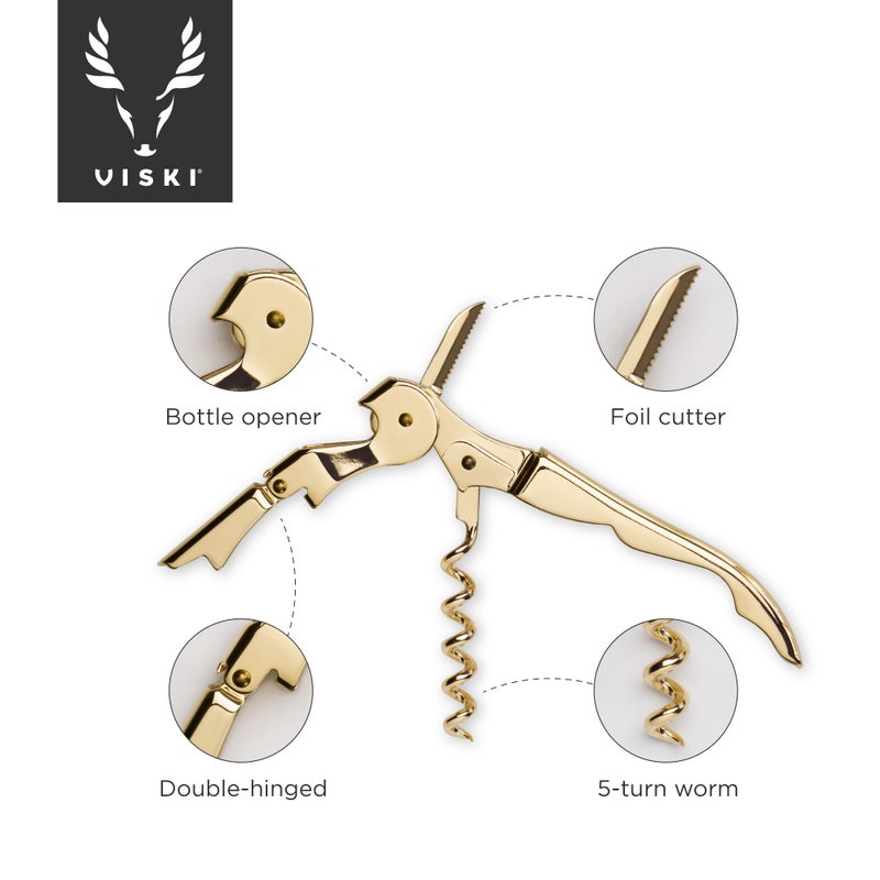 Viski 24k Gold Plated Signature Double Hinged Waiter's Corkscrew Wine Opener, Stainless Steel with Built-in Bottle Opener & Foil Cutter for Home Bar, Kitchen, Travel, Gifts for Wine Lovers, Set of 1 - Image 3