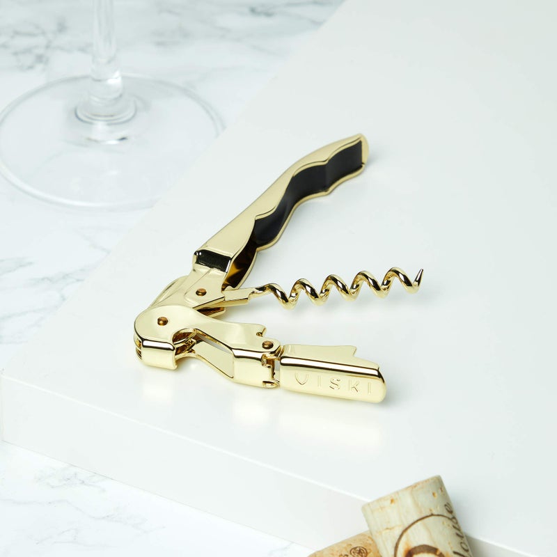 Viski 24k Gold Plated Signature Double Hinged Waiter's Corkscrew Wine Opener, Stainless Steel with Built-in Bottle Opener & Foil Cutter for Home Bar, Kitchen, Travel, Gifts for Wine Lovers, Set of 1 - Image 5
