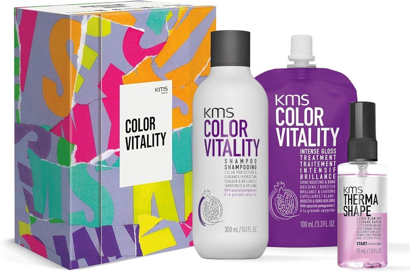 مجموعة KMS للحيوية اللونية مع شامبو 300 مل وعلاج لمعان مكثف 100 مل وتجفيف سريع 75 مل للشعر الملون