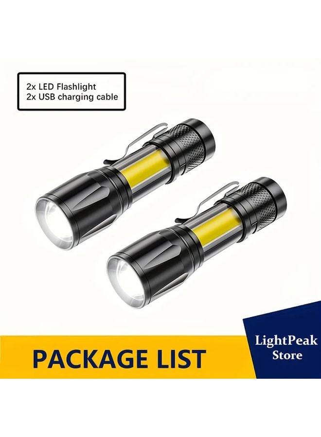 2Pack USB Rechargeable LED Flashlights With COB Side Lamp Bright Zoomable Torch - Image 1